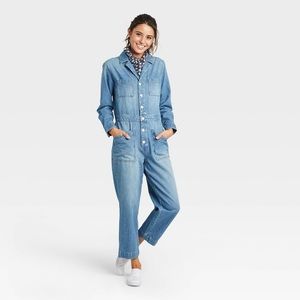Soft Denim Long Sleeve Collared Boilersuit